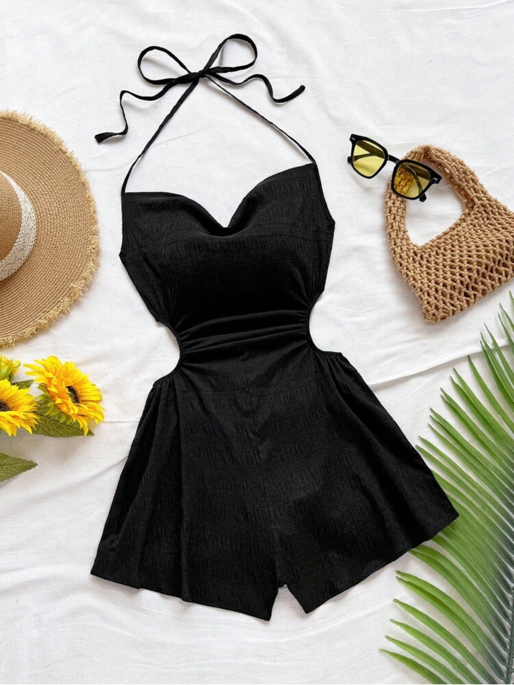 SHEIN Black Cutout Halter Romper